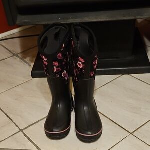 Bogs Black and Pink Floral Rain Boots